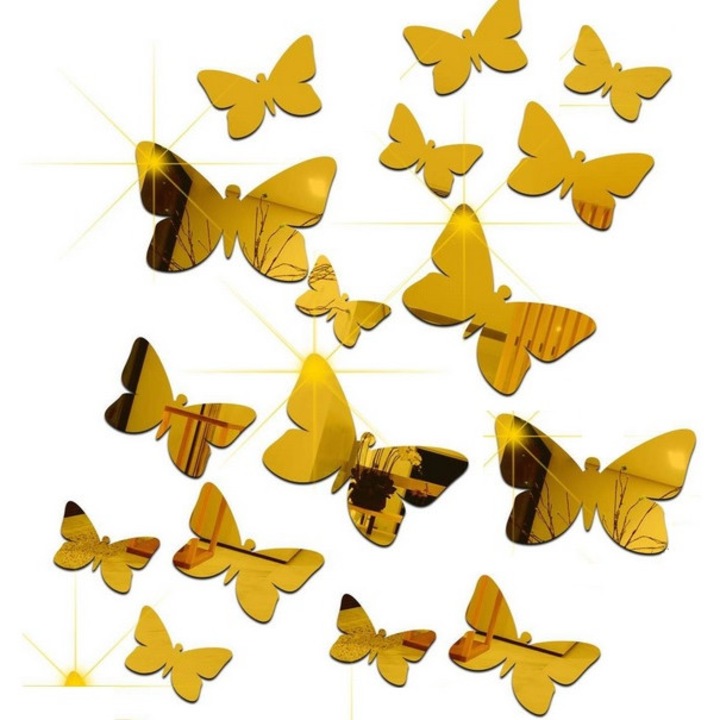 Set 100 Oglinzi Acrilice Decorative Autoadezive DAVIDAMI CONCEPT® model Fluture Auriu, dimensiune 4cm x 40buc + 3cm x 60buc