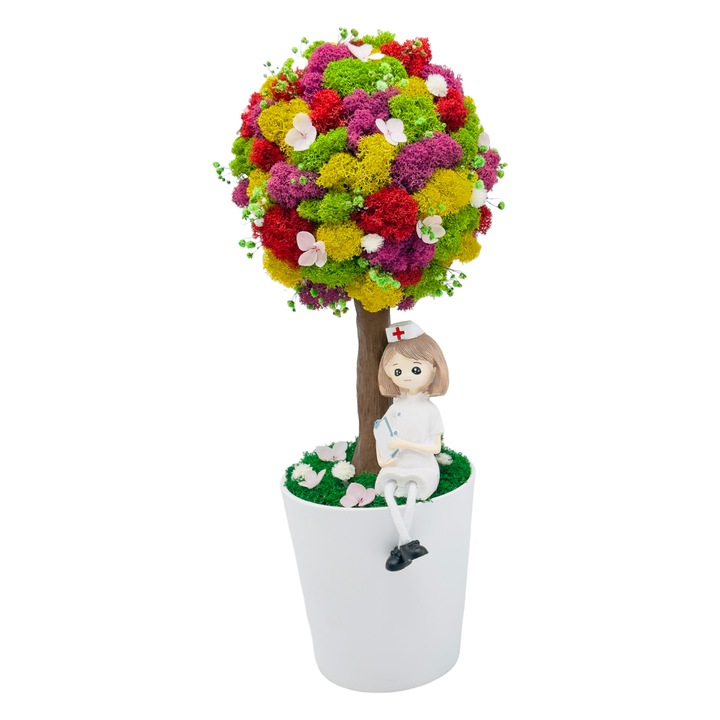 Флорална аранжировка, средна 38 см, тип дърво / тип овощна градина със стабилизирани естествени лишеи и криогенни и сухи цветя в керамична купа за предлагане на лекар Multicolor - Eventissimi