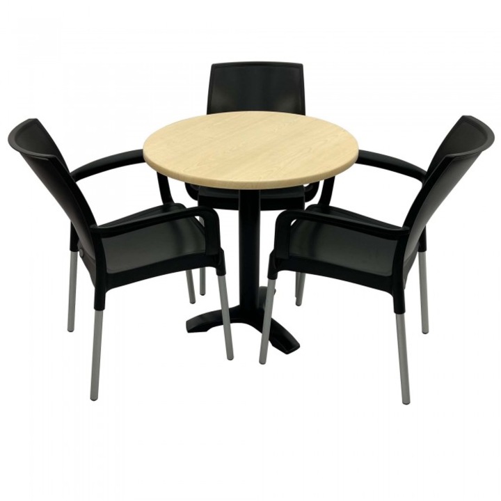 Set 3 scaune SUNSET negru cu masa rotunda 70cm Raki Maple blat werzalit si picior metalic culoare negru