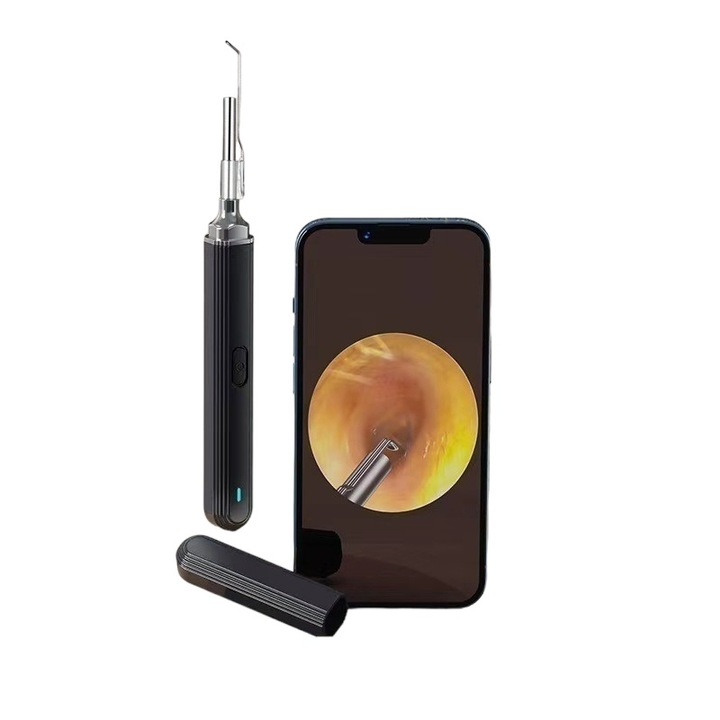 Aparat pentru curatat urechile, Siegdorn, Indeparteaza eficient ceara, Otoscop, Camera 1080P, 360, Auto focus, Iluminare LED, Compatibil cu iOS/Android, Negru