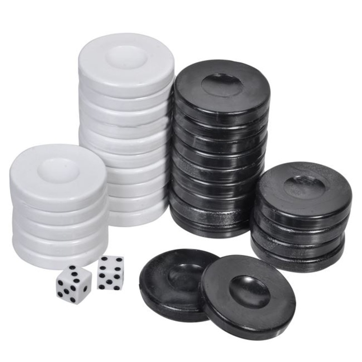 Backgammon darabok és dobókocka, 2 szín, műanyag, 32 darab