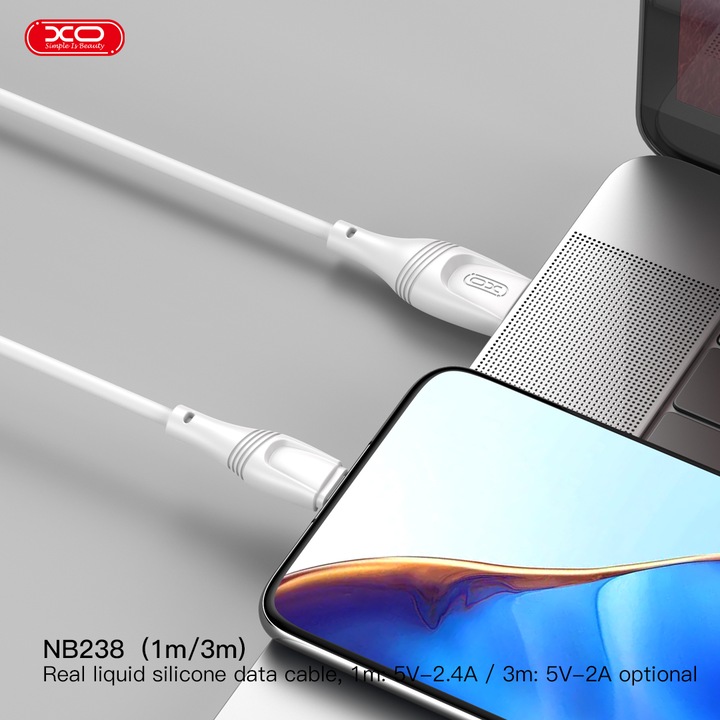 Töltő és adatátviteli kábel, XO-NB238, USB A - Micro USB, 2.1A, 3 m hosszú, Fehér