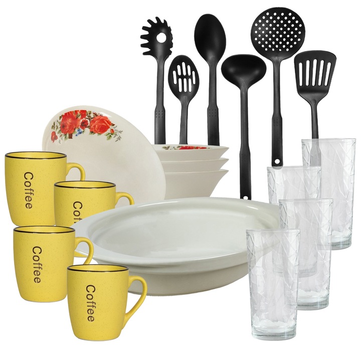 Serviciu vesela, 4 persoane, 19 piese, cana galbena, bol, tava termo, ustensile bucatarie, pahare sticla, Portelan decorat cu Trandafiri rosii