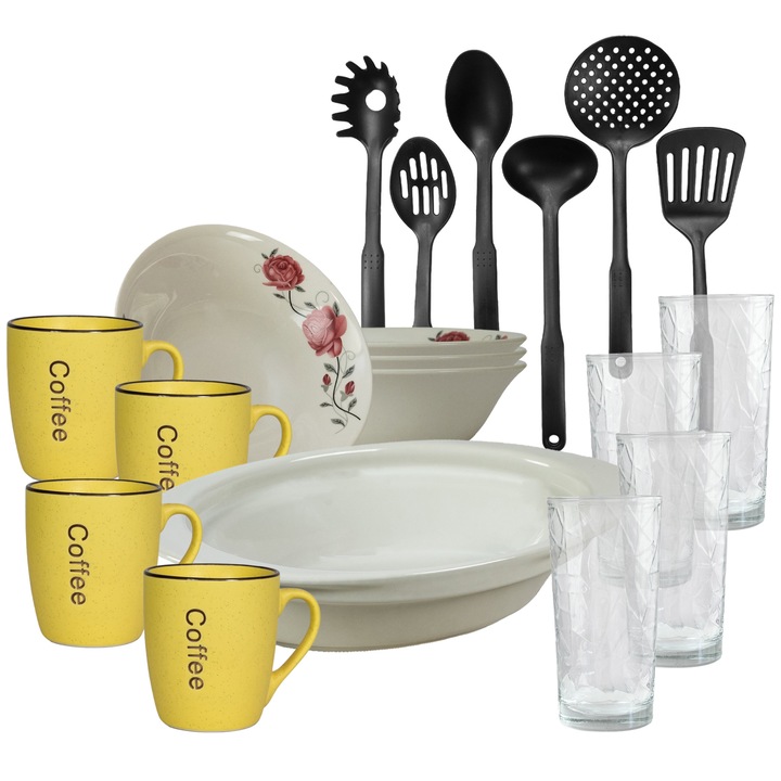 Serviciu vesela, 4 persoane, 19 piese, cana galbena, bol, tava termo, ustensile bucatarie, pahare sticla, Portelan decorat cu Trandafiri roz