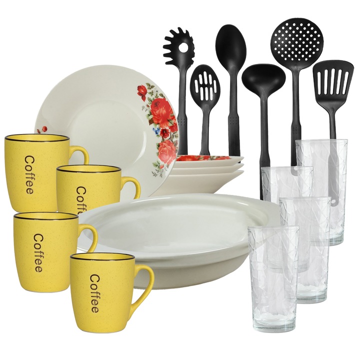 Serviciu vesela, 4 persoane, 19 piese, cana galbena, farfurie adanca, tava termo, ustensile bucatarie, pahare sticla, Portelan decorat cu Trandafiri rosii