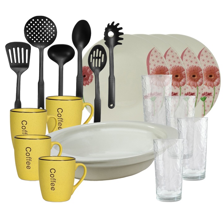 Serviciu vesela, 4 persoane, 19 piese, cana galbena, farfurie intinsa, tava termo, ustensile bucatarie, pahare sticla, Portelan decorat cu Margareta