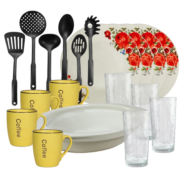 Serviciu vesela, 4 persoane, 19 piese, cana galbena, farfurie intinsa, tava termo, ustensile bucatarie, pahare sticla, Portelan decorat cu Trandafiri rosii