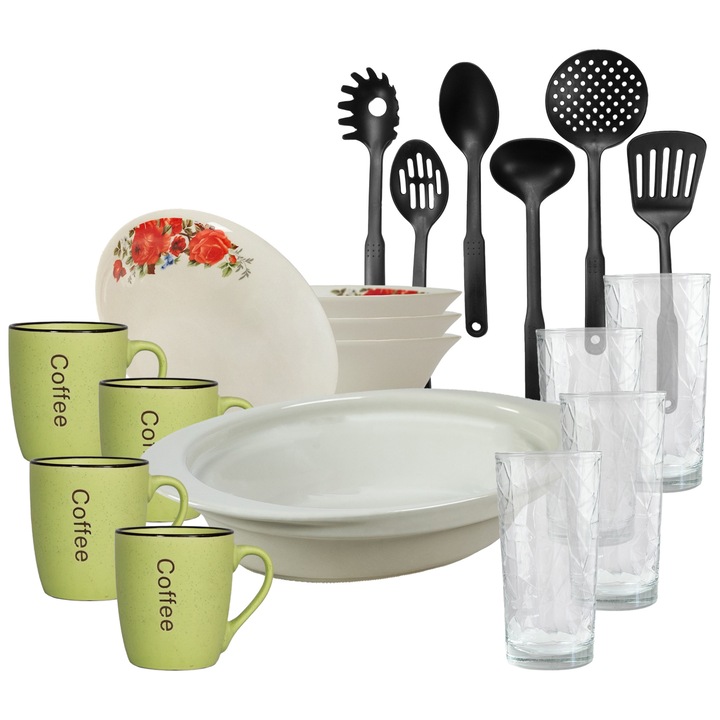 Set vesela, 4 persoane, 19 piese, cana verde, bol, tava termo, ustensile bucatarie, pahare sticla, Portelan decorat cu Trandafiri rosii