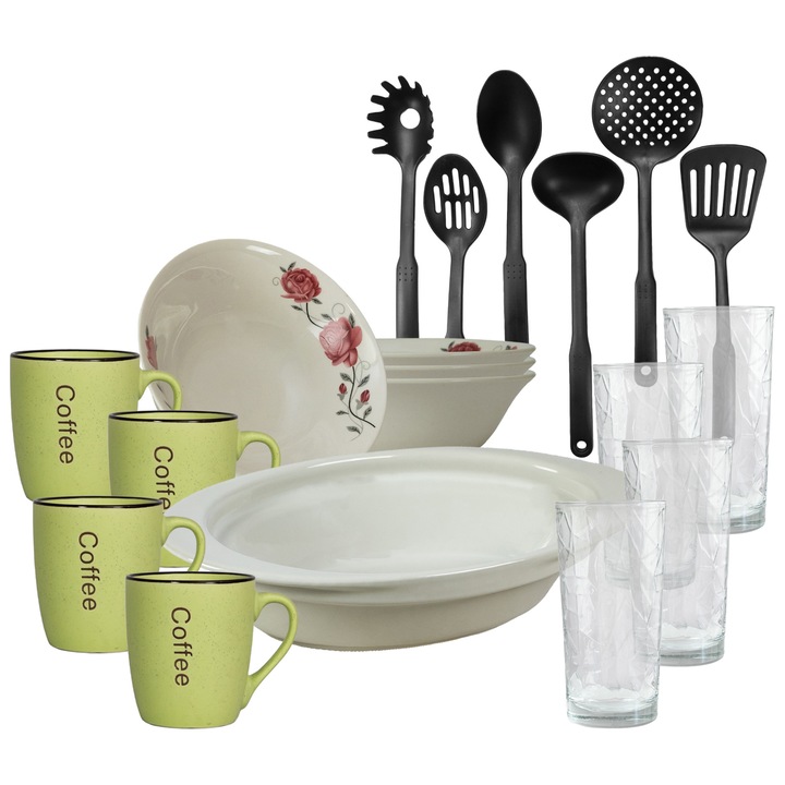 Set vesela, 4 persoane, 19 piese, cana verde, bol, tava termo, ustensile bucatarie, pahare sticla, Portelan decorat cu Trandafiri roz