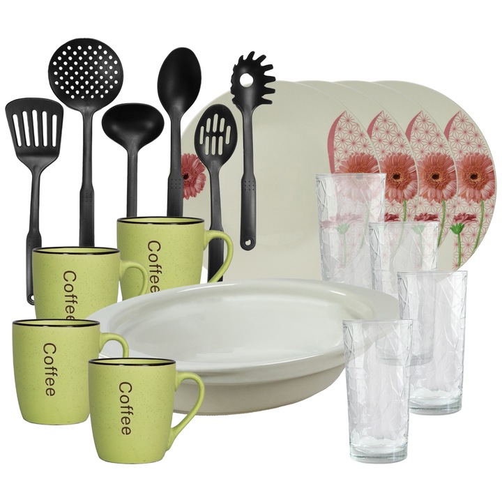 Set vesela, 4 persoane, 19 piese, cana verde, farfurie intinsa, tava termo, ustensile bucatarie, pahare sticla, Portelan decorat cu Margareta