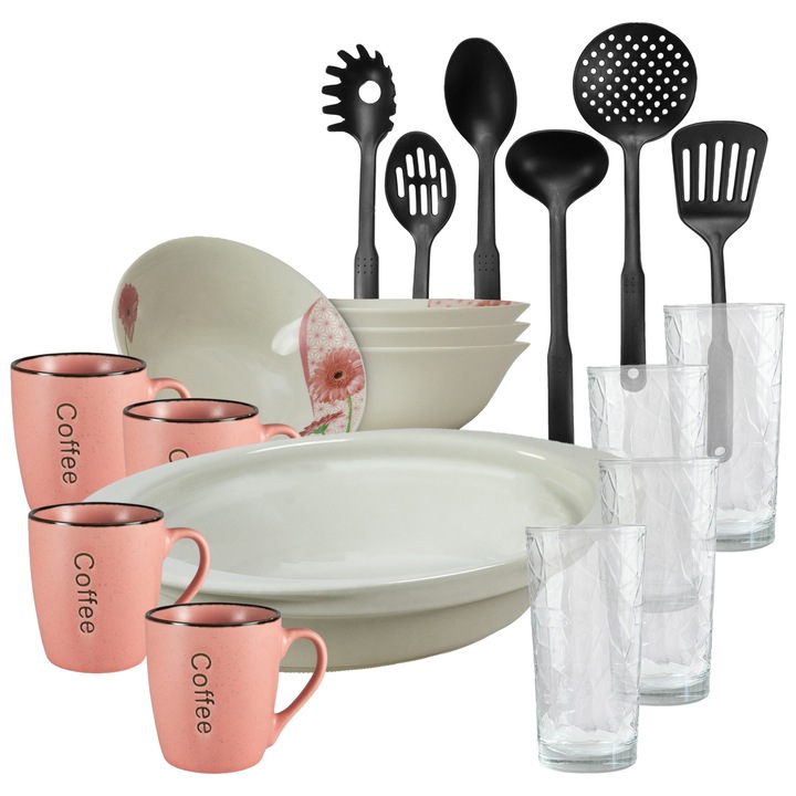 Set de masa, 4 persoane, 19 piese, cana roz, bol, tava termo, ustensile bucatarie, pahare sticla, Portelan decorat cu Margareta