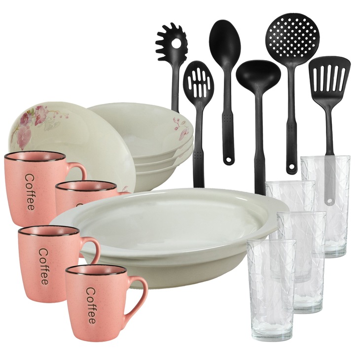 Set de masa, 4 persoane, 19 piese, cana roz, bol, tava termo, ustensile bucatarie, pahare sticla, Portelan decorat cu Orhidee
