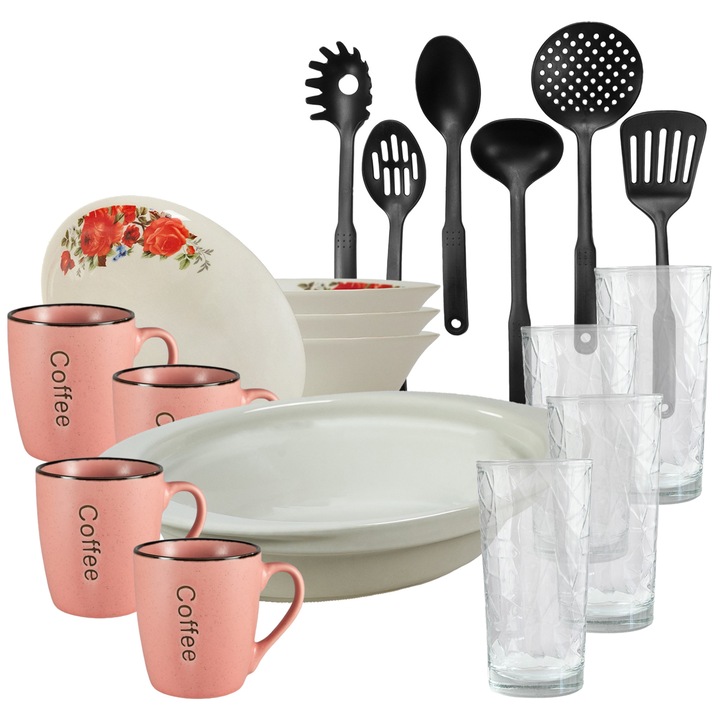 Set de masa, 4 persoane, 19 piese, cana roz, bol, tava termo, ustensile bucatarie, pahare sticla, Portelan decorat cu Trandafiri rosii