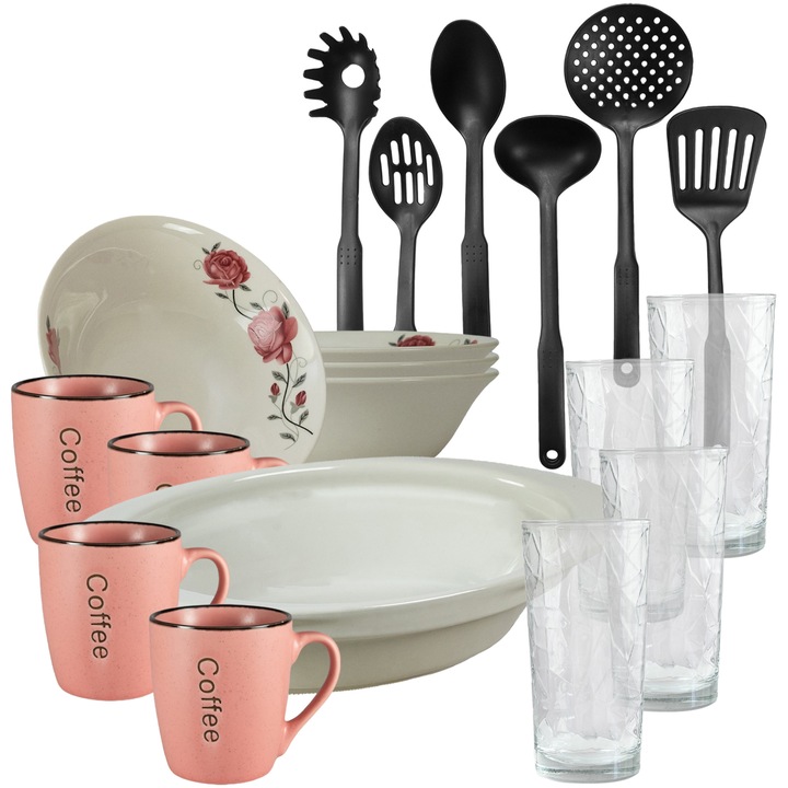 Set de masa, 4 persoane, 19 piese, cana roz, bol, tava termo, ustensile bucatarie, pahare sticla, Portelan decorat cu Trandafiri roz