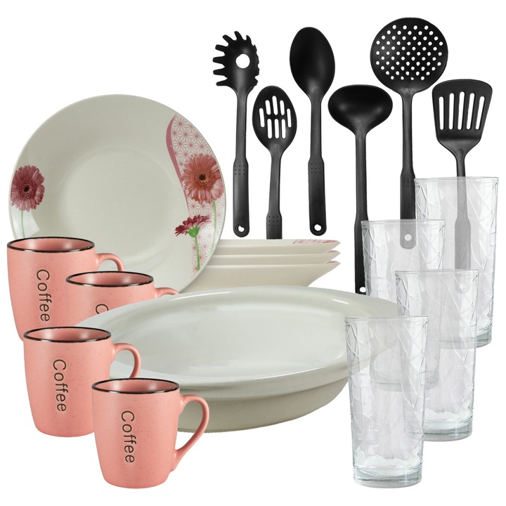 Set de masa, 4 persoane, 19 piese, cana roz, farfurie adanca, tava termo, ustensile bucatarie, pahare sticla, Portelan decorat cu Margareta