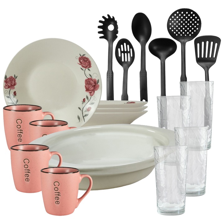 Set de masa, 4 persoane, 19 piese, cana roz, farfurie adanca, tava termo, ustensile bucatarie, pahare sticla, Portelan decorat cu Trandafiri roz