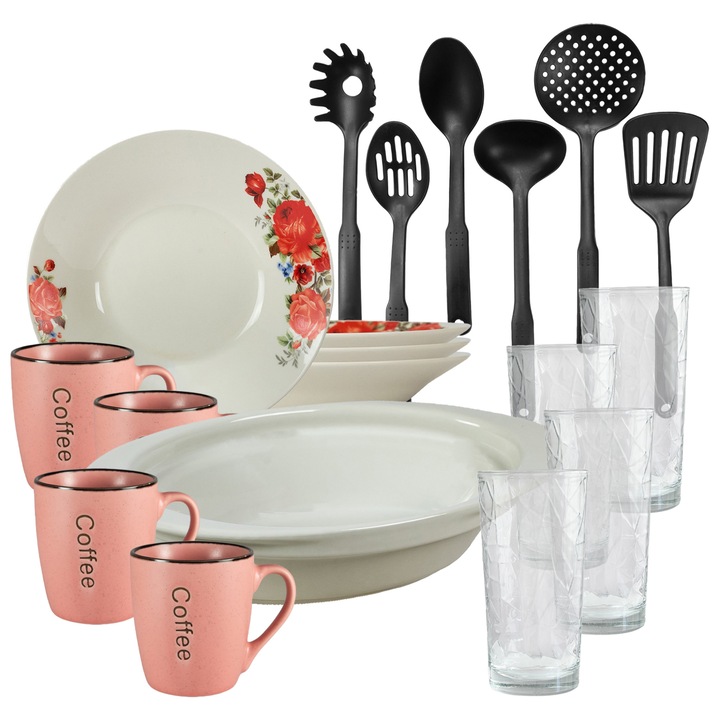 Set de masa, 4 persoane, 19 piese, cana roz, farfurie adanca, tava termo, ustensile bucatarie, pahare sticla, Portelan decorat cu Trandafiri rosii