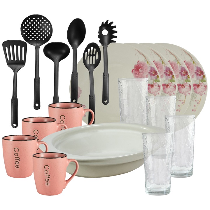 Set de masa, 4 persoane, 19 piese, cana roz, farfurie intinsa, tava termo, ustensile bucatarie, pahare sticla, Portelan decorat cu Orhidee