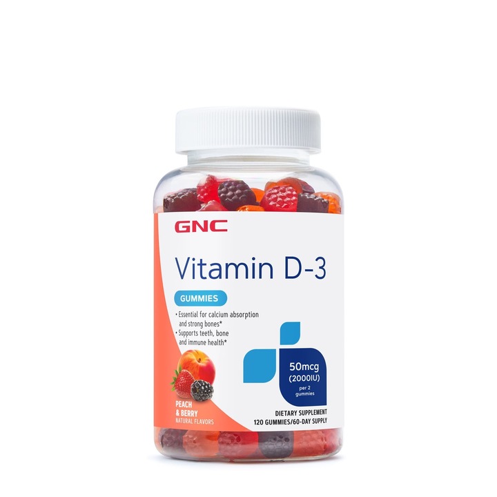 Vitamina D-3 50 mcg (2000 UI) Naturala 100% din Lanolina, GNC, 120 Jeleuri