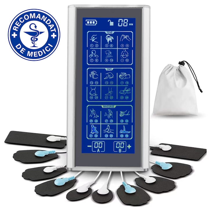 Aparat de Masaj cu Electrostimulare/Fizioterapie SeveShop, Stimulator Dual Channel, 36 Moduri, 20 Niveluri de Intensitate, 10 Electrozi, 36 Programe de Masaj pentru Ameliorarea Durerii, Control Digital, Usor de Folosit pentru Cot, Spate, Umeri, Argintiu