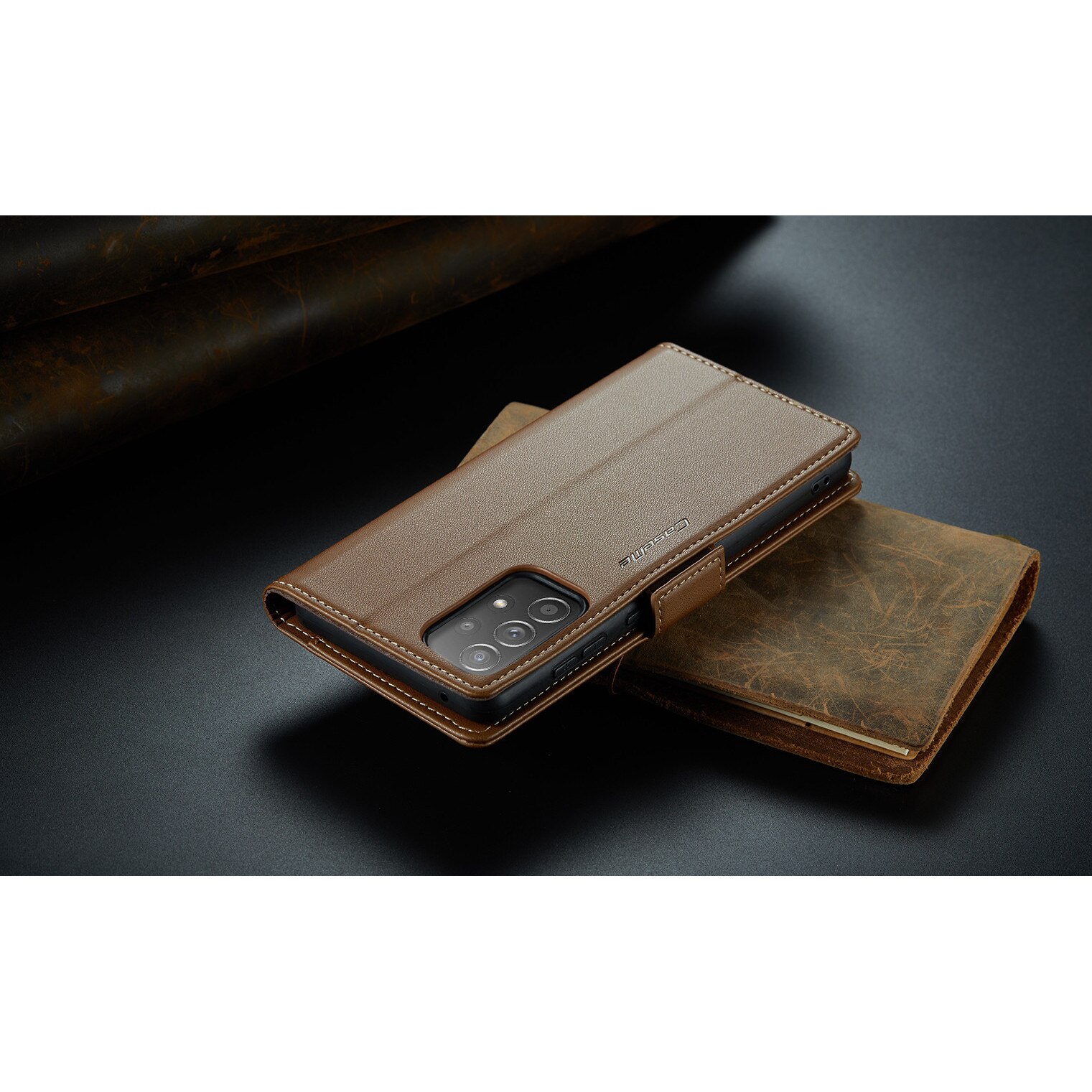Husa pentru Samsung Galaxy A52 4G, A52 5G, A52s, CaseMe, slim, piele, tip portofel, stand, inchidere sigura magnetica, textura moale si aderenta in mana, protectie RFID, Maro