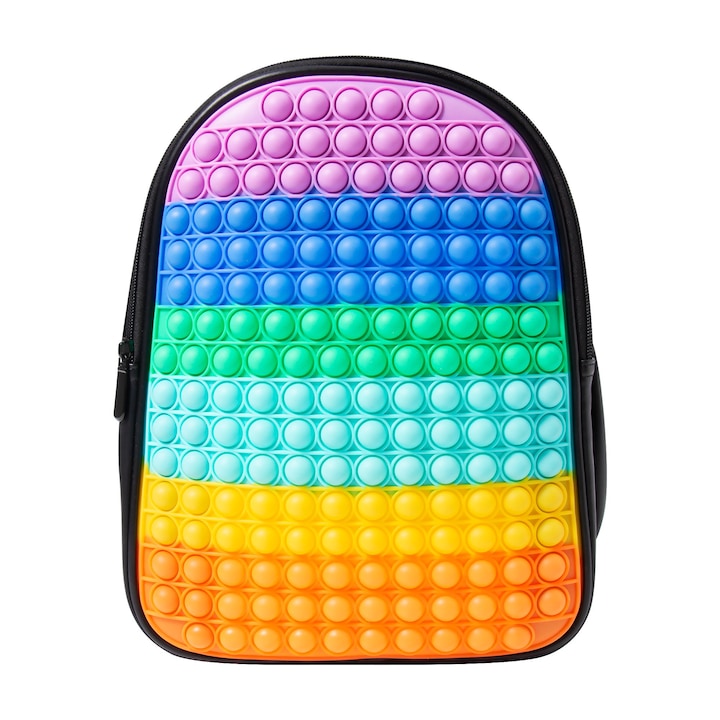 Ghiozdan Joy Rainbow, Pop IT, 2 compartimente, 2 buzunare laterale, 2 barete ajustabile, Piele Ecologica, 32x26x13 cm, Multicolor Curcubeu