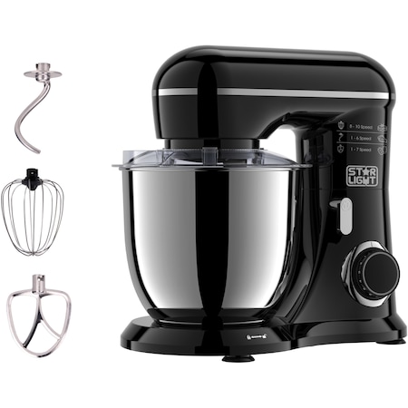 Mixer Planetar Star-Light PMS-1600B, 1600W, 3 accesorii incluse: tel, carlig framantare, palete amestecare, bol inox 4.5l, capac cu orificiu pentru adaugare ingredinente, 10 viteze plus puls, negru