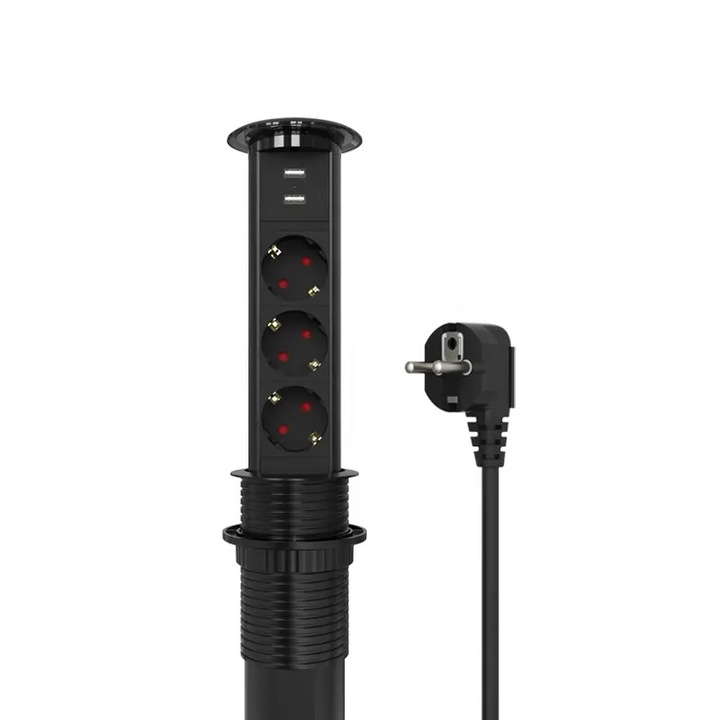 Hosszabbító, Smart Lifting, asztalba ágyazott vezeték nélküli töltéssel rendelkező hosszabbító érintéssel nyitható 3 EU aljzat, 2 x usb