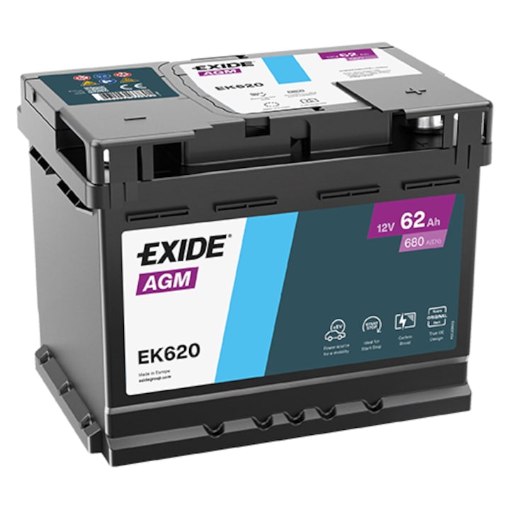 Baterie auto Exide Start-Stop AGM EK620, 12 V, 62 Ah, 680A, 242x175x190 mm