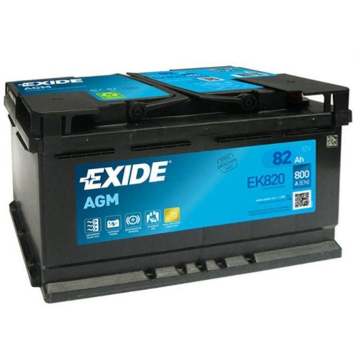 Baterie auto Exide Start-Stop AGM EK820, 12 V, 82 Ah, 800 A, 315x175x190 mm