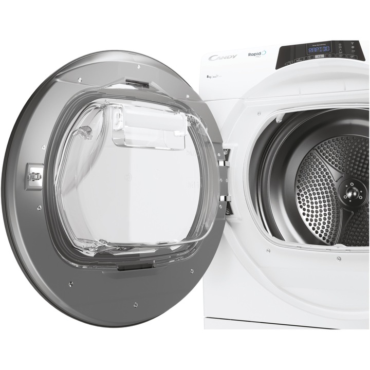 Uscator de rufe Candy Rapido Pro RPE H8A2TRE-S, Pompa de caldura, 8 kg, Clasa A++, WiFi, Easy Case, Programe rapide de uscare, Dry Senzor, Kilo Detector, Alb