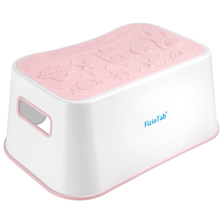Scaunel Inaltator FizioTab® Space cu Suprafata Antialunecare si Manere, tip Taburet, Utilizare la Chiuveta, Baie sau in Bucatarie, Roz