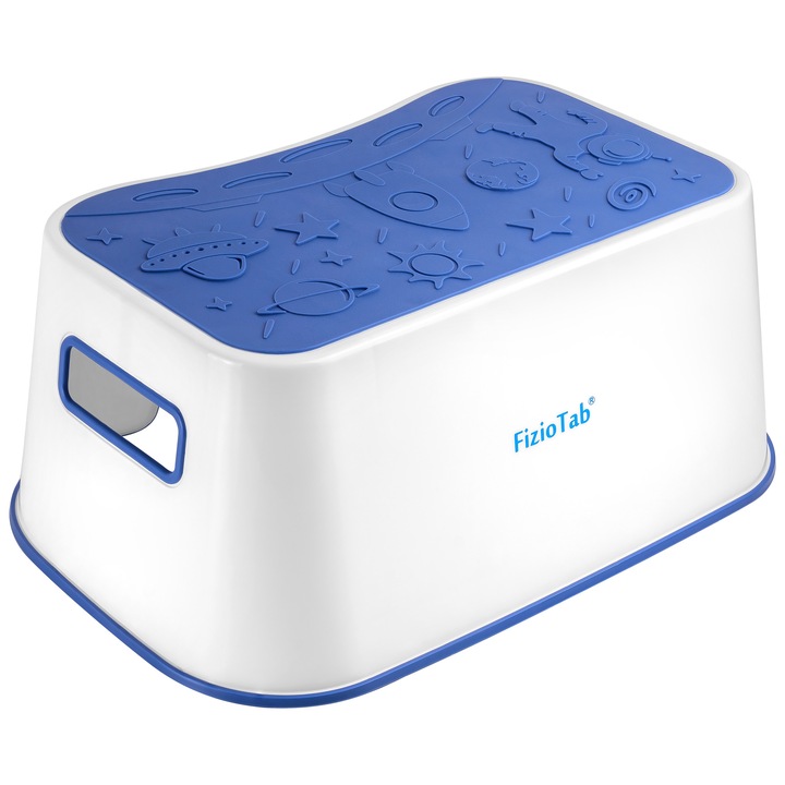 Scaunel Inaltator FizioTab® Space cu Suprafata Antialunecare si Manere, tip Taburet, Utilizare la Chiuveta, Baie sau in Bucatarie, Albastru Cosmic