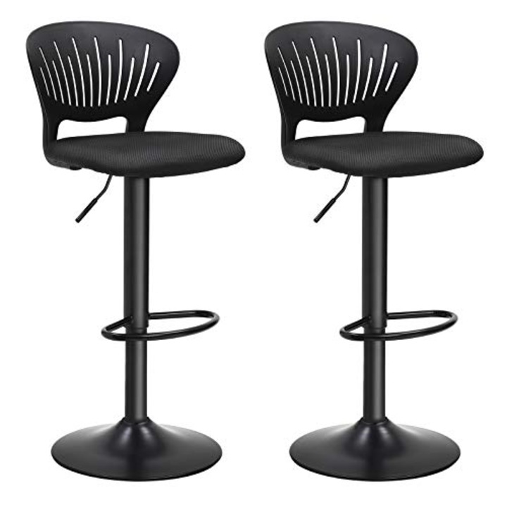 Set 2 scaune de bar SONGMICS, cu spatar, suport picioare, reglabile pe inaltime, rotire 360, pentru bucatarie, living, bar, Negru