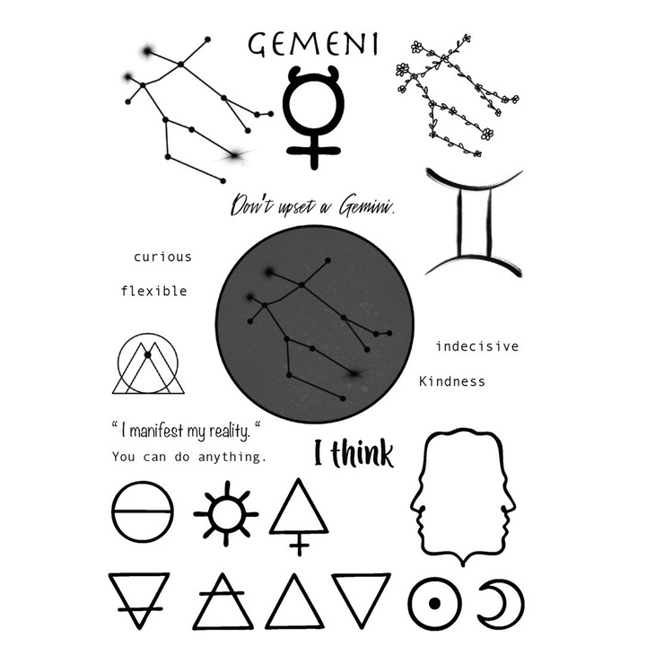 Tatuaj temporar, Flash Tattoos Romania, Gemini Zodiac Tattoo, rezistent la apa, aplicare rapida, 15x21 cm