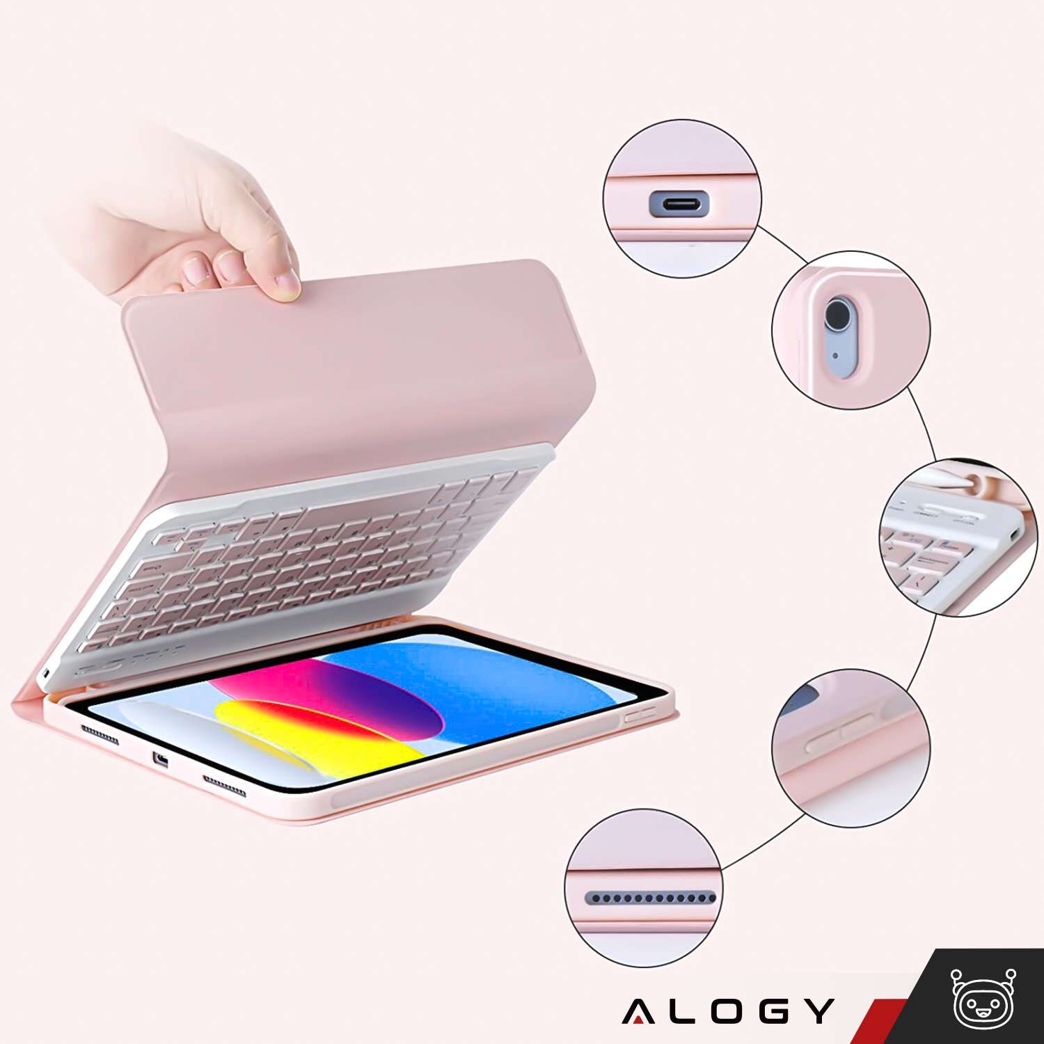 Husa cu tastatura Alogy pentru Apple iPad 10.9" (2022), suport integrat, Roz