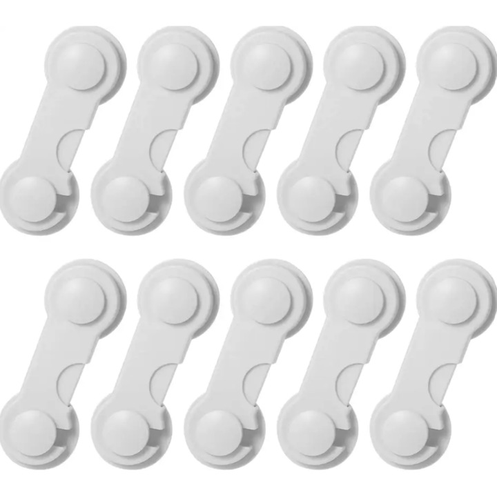 Set 10 sisteme de siguranta pentru usi si sertare, Adeziv, ABS, Alb, BZRSH