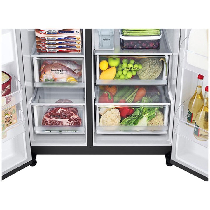 Side by side LG GSLV71MCTD, 635 l, Total No Frost, DoorCooling+, LinearCooling, Multi-Airflow, Clasa D, Compresor Linear Inverter, H 179 cm, Negru