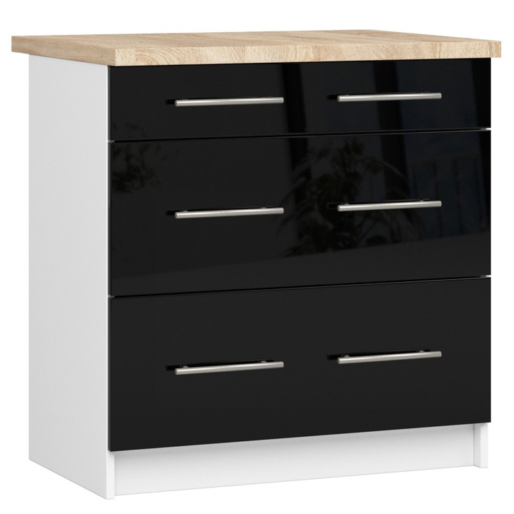 Dulap de bucatarie, Akort Furniture Factory, Pal, 80 cm, 3 sertare, Alb /Negru lucios