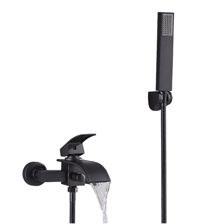 Set baterie, NARON, Cu dus si baza suport, Alama, Negru mat