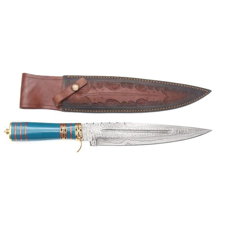 Cutit cu Lama Damasc 256 straturi, Teaca, Full Tang, Lama 25.8cm, Abainox 32564