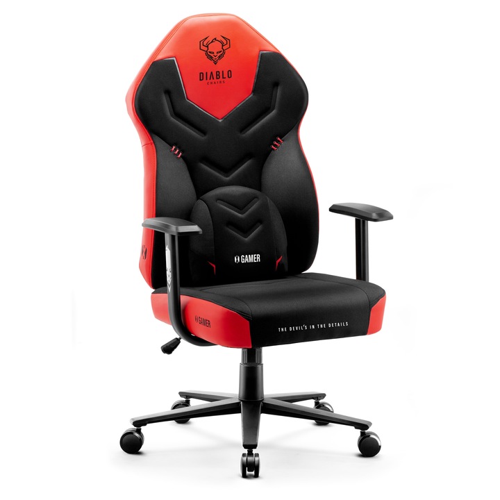 Scaun gaming Diablo X-Gamer 2.0, Material Textil, Rotativ, Normal Size, Negru/Rosu