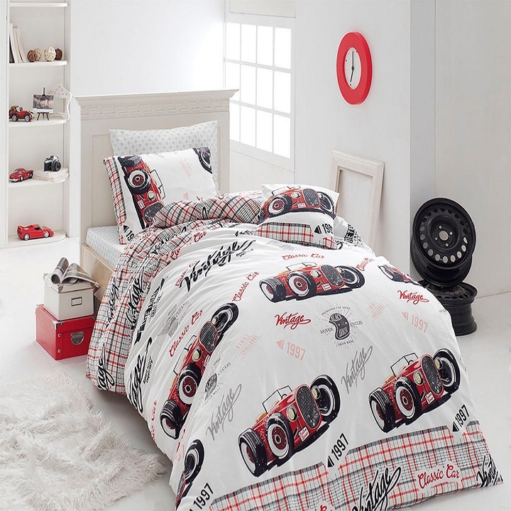 Единично спално бельо Old Car Studio Casa, 100% подсилен памук, плик за завивка 160 x 220 cm, чаршаф 150 x 220 cm, 1 калъфка за възглавница 50 x 70 cm, Многоцветен