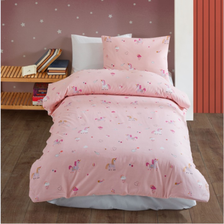 Единично спално бельо Unicorn Studio Casa, 100% подсилен памук, плик за завивка 160 x 220 см, чаршаф 150 x 220 см, 1 калъфка за възглавница 50 x 70 см, розово