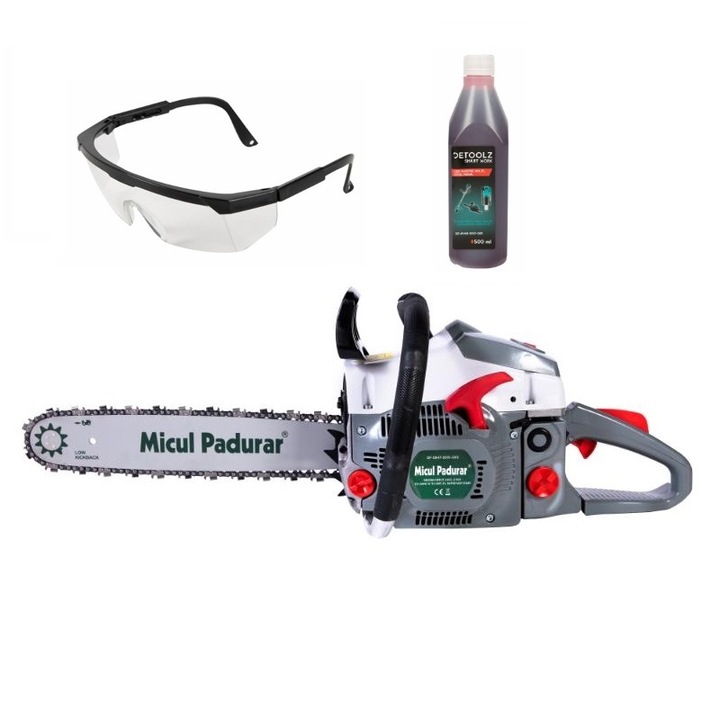 Drujba pe benzina, 2 Timpi, 49cc, 2.6CP, 5 accesorii, lama 40cm, pornire usoara, 8500rpm, ochelari, ulei amestec