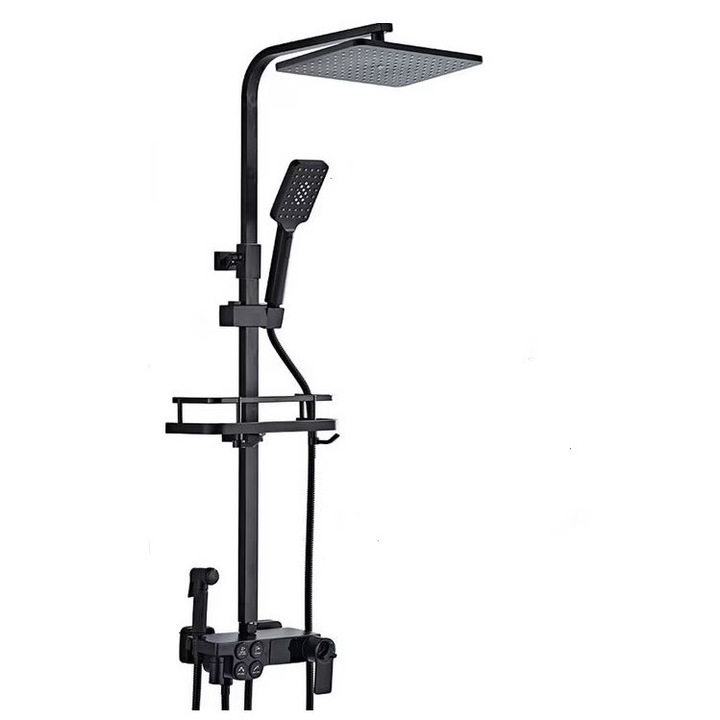 Coloana dus cu baterie termostat, afisaj LCD si turbina generatoare de curent, corp baterie din alama, 4 functii curgere, negru mat