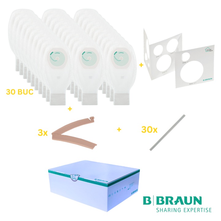 Set 30 pungi de colostomie/ileostomie B-Braun 10-70 mm, transparente cu evacuare + sablon + 4 cleme din plastic + 30 cleme metalice