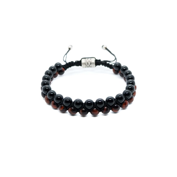 Dupla védő karkötő férfiaknak tigrisszemmel és természetes fekete ónix, 999 ezüst, állítható zsinórral