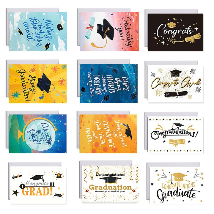 Set felicitari de absolvire, Cozevdnt, 12 carduri, 12 plicuri, 12 autocolante, multicolor, 20x15cm