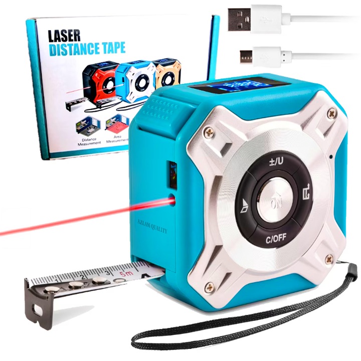 Ruleta Profesionala de Masurare cu Laser, 3 in 1, Banda masurare 5 m, Banda digitala, Detector laser 40 m, Stocare date, Ecran LCD 2 inch, Masurare Unica si Continua, USB, Albastru